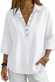 Cotton Linen Tops for Women Summer 3/4 Sleeve V Neck Henley Gauze Shirts Dressy Casual Office Blouses