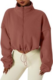 Women's Full Zip Fleece Short Jacket Warm Winter Long Sleeve Stand Collar Sherpa Crop Coat