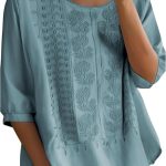 Cotton Linen Shirts for Women Trendy Retro Embroidered 3/4 Sleeve Boho Blouse Dressy Casual Bohemian Tops Loose Tunics