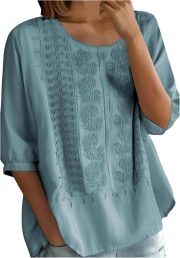 Cotton Linen Shirts for Women Trendy Retro Embroidered 3/4 Sleeve Boho Blouse Dressy Casual Bohemian Tops Loose Tunics