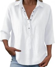 Cotton Linen Tops for Women Summer 3/4 Sleeve V Neck Henley Gauze Shirts Dressy Casual Office Blouses - Image 2