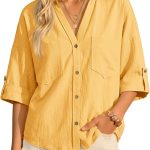 Womens Linen Button Down Shirts V Neck Summer Short Sleeve Tops Casual Loose Fit Cotton Collared Blouses