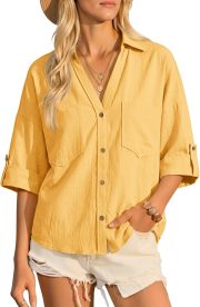 Womens Linen Button Down Shirts V Neck Summer Short Sleeve Tops Casual Loose Fit Cotton Collared Blouses
