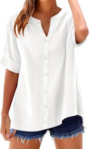 Womens 3/4 Sleeve Button Down Shirts Cotton Linen Roll Up Short Sleeve Tops V Neck Casual Loose Fit Blouses - Image 2