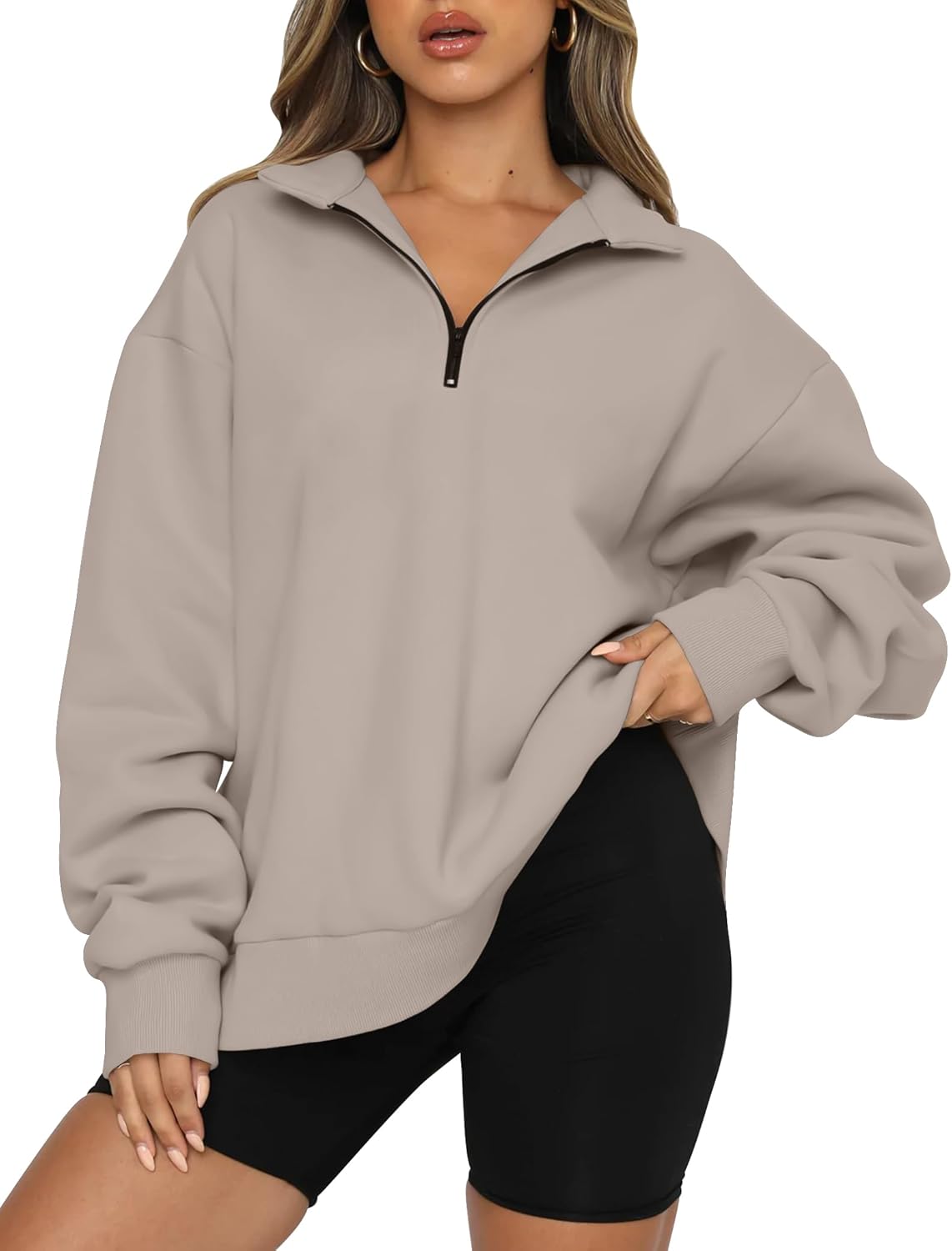 61oae-wfRXL._AC_SL1500_.jpg Women's Oversized Half Zip Fleece Sweatshirts Cozy Pullover, Drop Shoulder for Fall Winter - Image 1