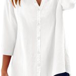 Womens 3/4 Sleeve Button Down Shirts Cotton Linen Roll Up Short Sleeve Tops V Neck Casual Loose Fit Blouses