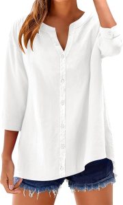 Womens 3/4 Sleeve Button Down Shirts Cotton Linen Roll Up Short Sleeve Tops V Neck Casual Loose Fit Blouses