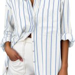 Oversized Button Down Shirts for Women Linen Shirt Long Sleeve Collared Blouses with Pocket Beach Vacation Outfit