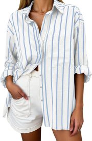 Oversized Button Down Shirts for Women Linen Shirt Long Sleeve Collared Blouses with Pocket Beach Vacation Outfit