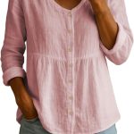 Linen Shirts for Women Plus Size 3/4 Sleeve Button Down Blouses Summer Casual Loose Comfy Cotton Gauze Tops