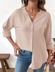 Womens Button Down Shirts Long Sleeve Cotton Button Up Shirt Linen V Neck Casual Loose Tops Blouses - Image 2