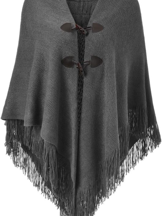 Women’s Loose Fitting Poncho Cape Shawl with Stylish Horn Buttons V Neckline and V Hem