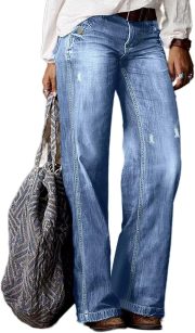 Straight Leg Jeans for Women Ripped Raw Hem Mid Waisted Bootcut Jeans Without Belts