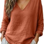 Linen Shirts for Women Boho Cotton Tops Long Sleeve V Neck Loose Dressy Blouses Casual Tunics Spring Summer Trendy Outfits