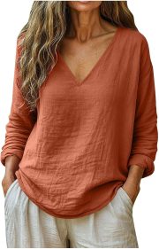 Linen Shirts for Women Boho Cotton Tops Long Sleeve V Neck Loose Dressy Blouses Casual Tunics Spring Summer Trendy Outfits