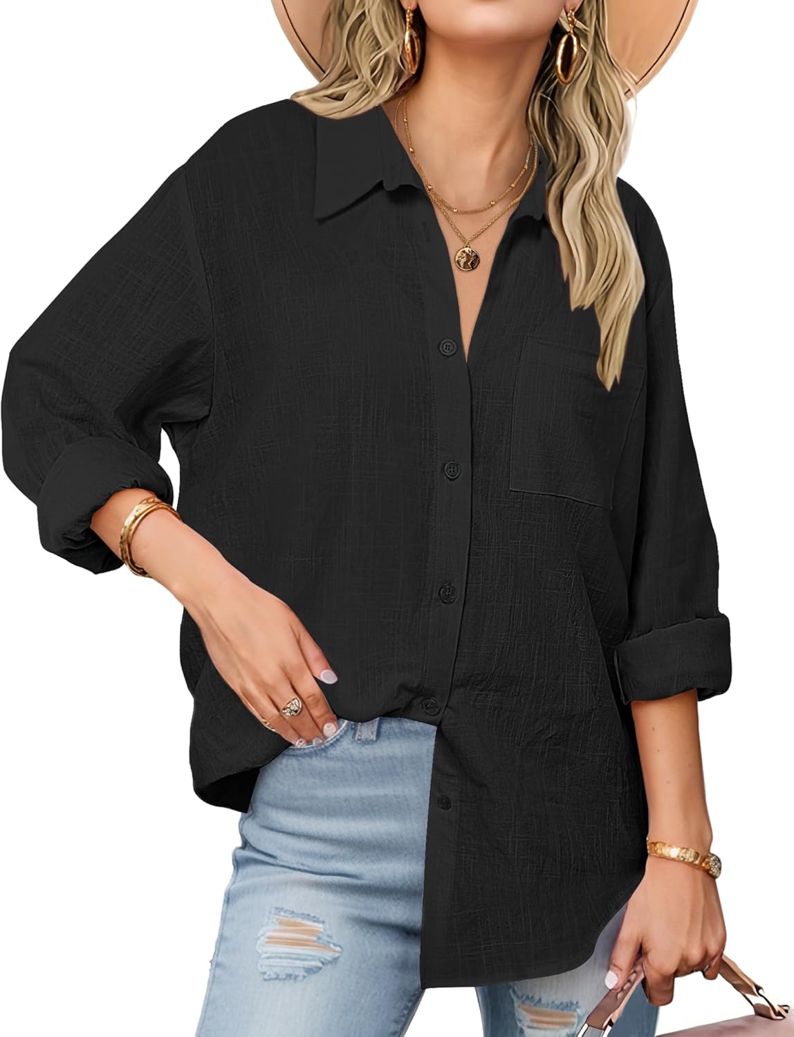 71iAwwUH9gL._AC_SL1500_.jpg Womens Button Down Shirts Long Sleeve Cotton Gauze Tops Casual Collared Blouses Loose Fit - Image 1
