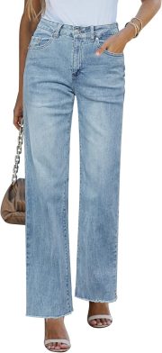 Straight Leg Jeans for Women High Waisted Stretchy Frayed Raw Hem Loose Denim Pants Casual Baggy Jean Trousers