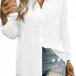 Womens Button Down Shirts Linen Cotton Long Sleeve Blouses Casual Collared Loose Fit Gauze Tops with Pocket