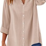 Womens Button Down Shirts Long Sleeve Cotton Button Up Shirt Linen V Neck Casual Loose Tops Blouses