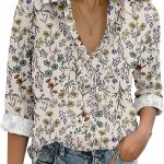 Womens Cotton Linen Button Down Shirts Loose Fit Long Sleeve Collared Blouse Casual V Neck Tops Outfits S-3XL