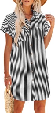 Summer Dresses for Women Cotton Button Down Short Sleeve Tshirt Dresses Casual Mini Beach Dress