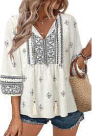 Womens Summer Boho Babydoll Tops 3/4 Sleeve Pleated Peplum Blouses Casual V Neck Tie Front Tunic Tops - Image 2