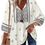 Womens Summer Boho Babydoll Tops 3/4 Sleeve Pleated Peplum Blouses Casual V Neck Tie Front Tunic Tops