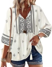 Womens Summer Boho Babydoll Tops 3/4 Sleeve Pleated Peplum Blouses Casual V Neck Tie Front Tunic Tops