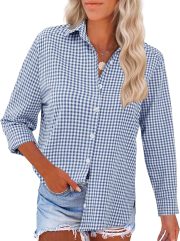 Womens Long Sleeve Button Down Shirts Casual Loose Fit Cotton Collared Blouses - Image 2